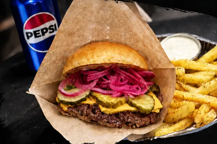 JunkBox smashburgare med cheddar, picklad rödlök, pommes och dip